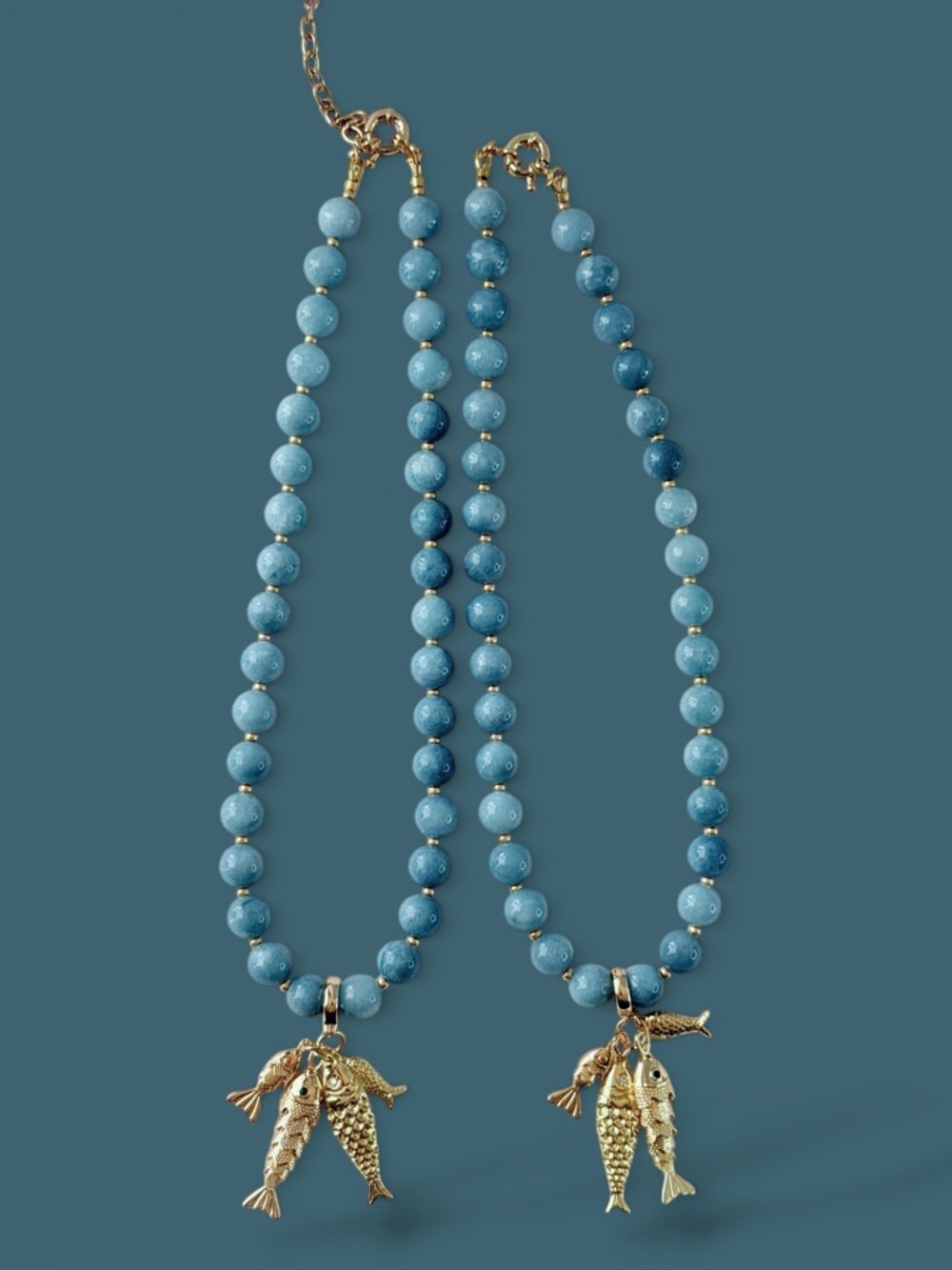 The Golden Catch Necklace: Sea blue Jade beads Gold Fish Charms